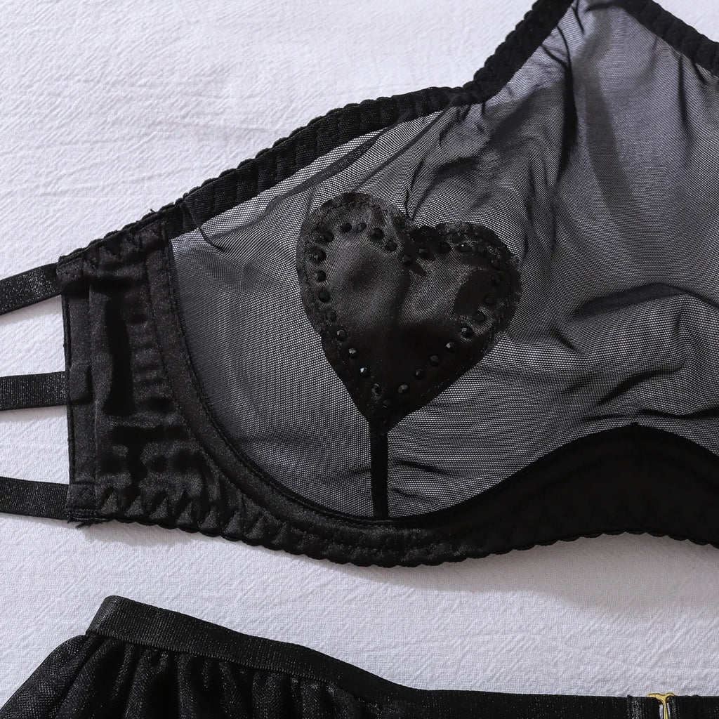New Fashion Mesh See Through Halter Neck Lingerie Set Women Sexy Perspective Three-point Style with Stockings Shaping Split Set - Matrix-studios.com
