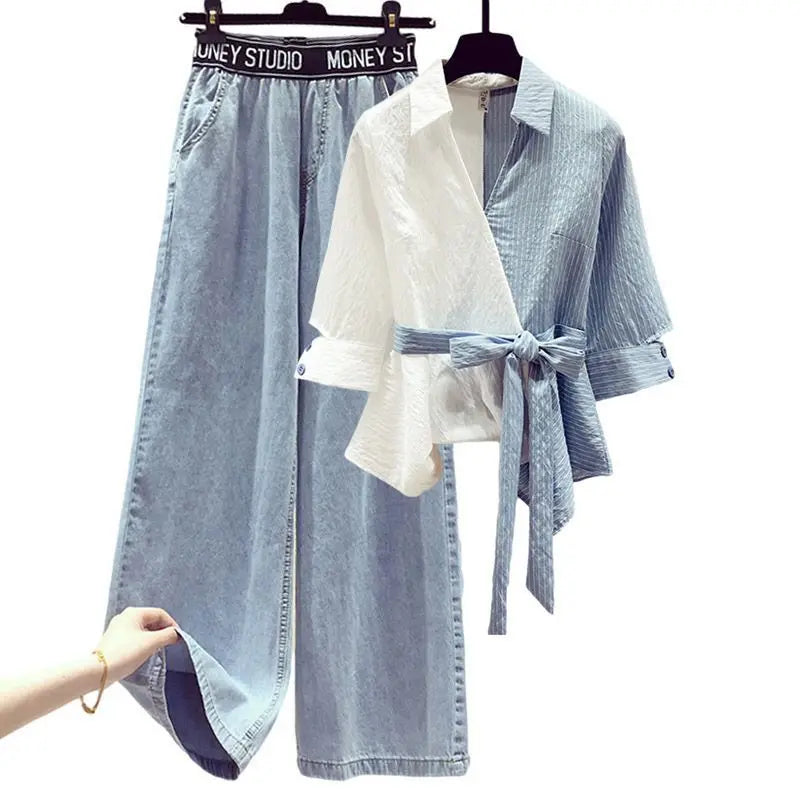 2025 Summer New Stitched Chiffon Shirt Female Set Elegant Women's Jeans Casual Blouse Two Piece Set Ladies Tracksuits - Matrix-studios.com