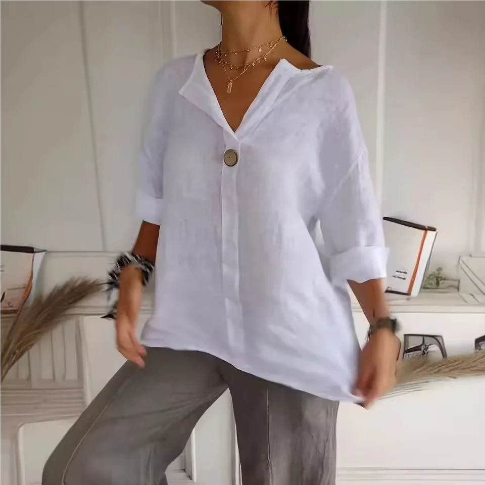 VEITCHE Spring Summer Women's Shirt Blouses Top V-neck Button Tee Shirts  3/4 Sleeve Casual Cotton Linen Top Loose Fit Pullover - Matrix-studios.com
