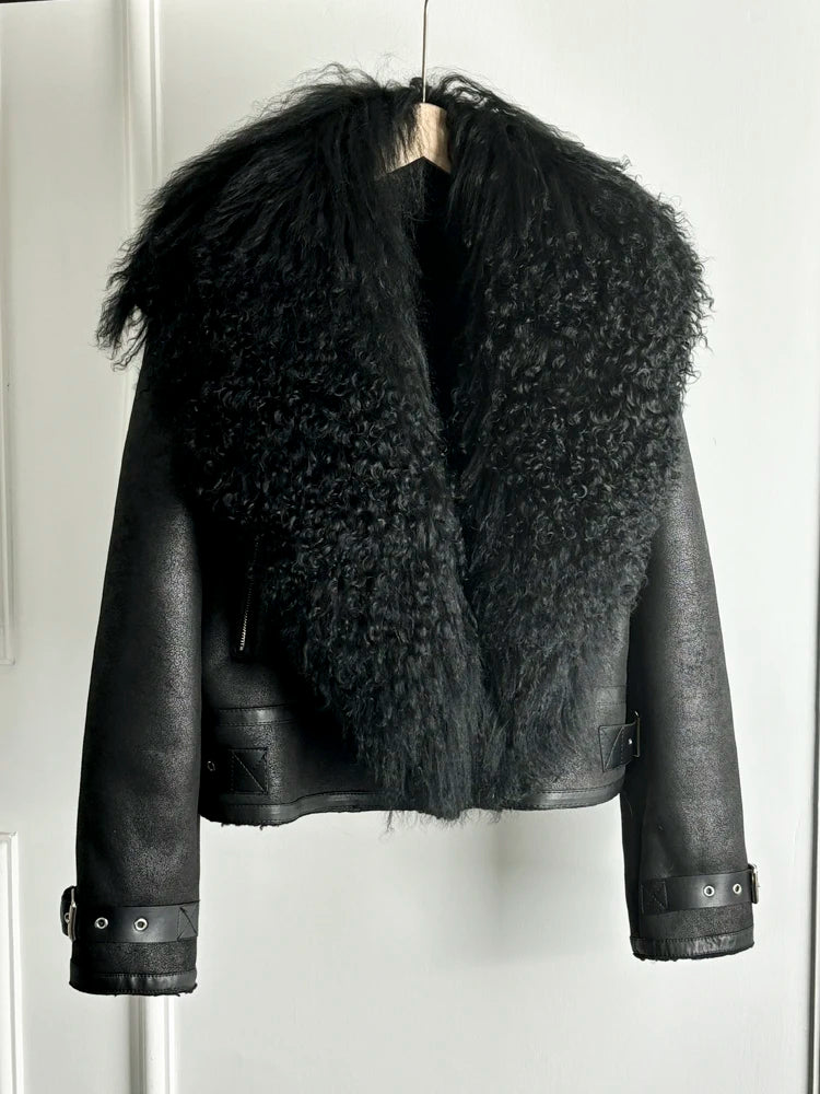 Janveny Luxury Natural Mongolian Sheep Fur Coat Women Winter Short Faux Leather Jacket Female Moto Biker Thick Outwear - Matrix Studios