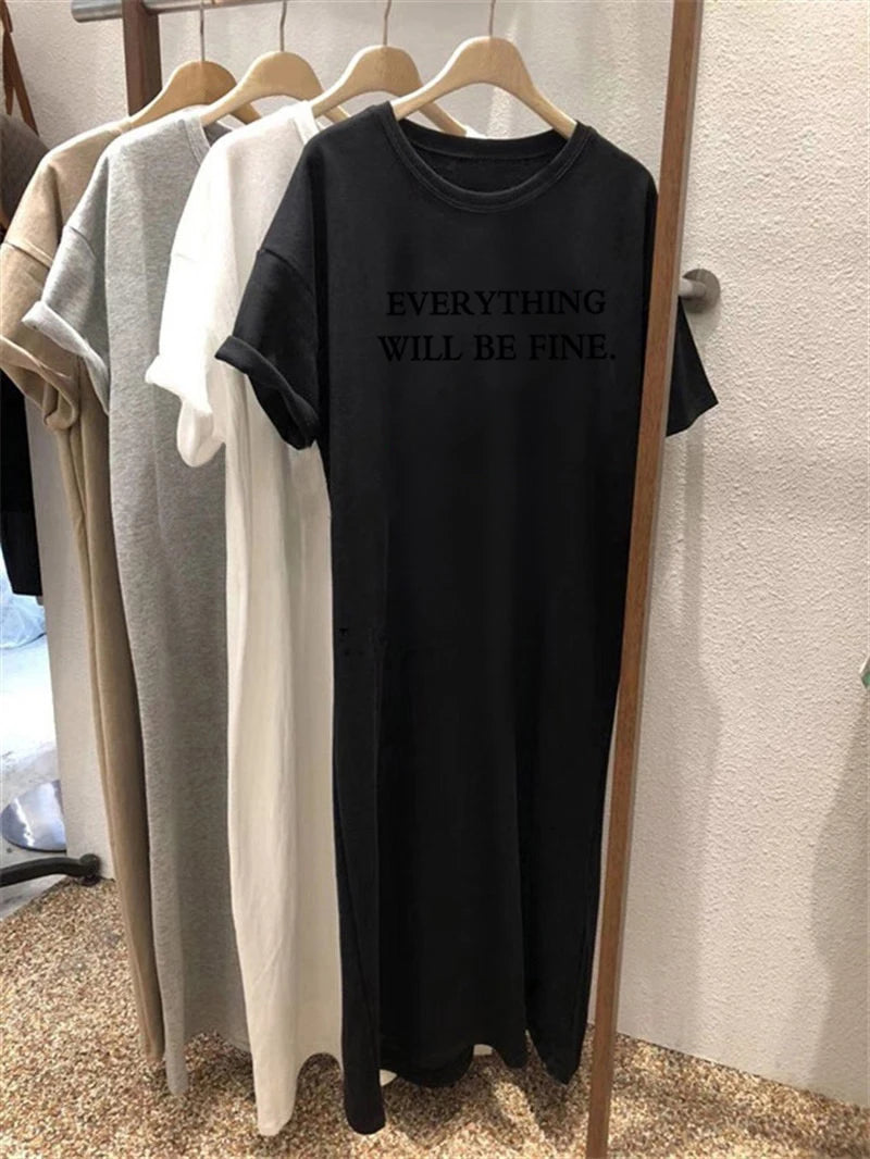 Summer Thin Plus Size Loose Short Sleeved Dress Women 2025 New Letter Printed Simple Round Neck Dress - Matrix-studios.com