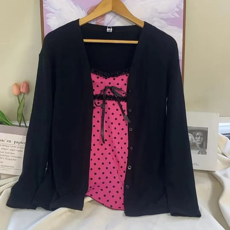 New Autumn Japanese Sweet 2 Piece Set Women Design Pink Polka Dot Strap Y2k Tops +Chic Cardigan Harajuku Fashion Vintage Outfits - Matrix Studios