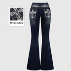 Jeans Flare Pants Women Vintage Boot Cut Embroidery Pockets Rhinestone Washed Female Distressed Denims Trousers Streetwear - Matrix-studios.com