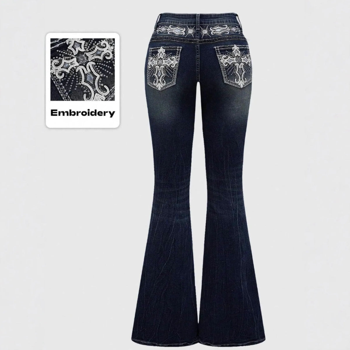 Jeans Flare Pants Women Vintage Boot Cut Embroidery Pockets Rhinestone Washed Female Distressed Denims Trousers Streetwear - Matrix-studios.com