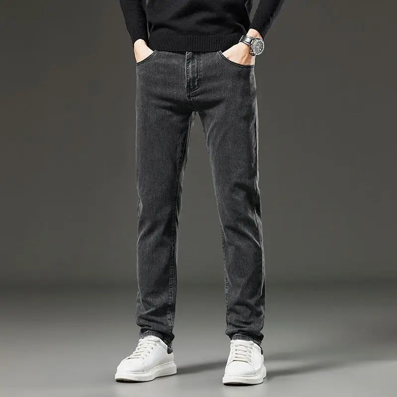 Men's autumn and winter hot jeans elastic small straight leg pants black gray micro elastic zipper fashionable versatile jeans - Matrix Studios
