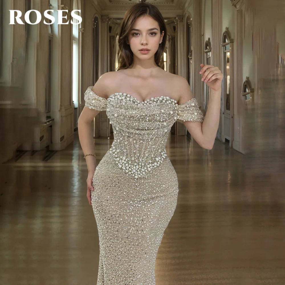 ROSES Pearl Gorgeous Prom Dress Sweetheart Off the Shoulder Hollow Prom Gown with Fishbone Shiny Sequins Formal Gown Customized - Matrix-studios.com