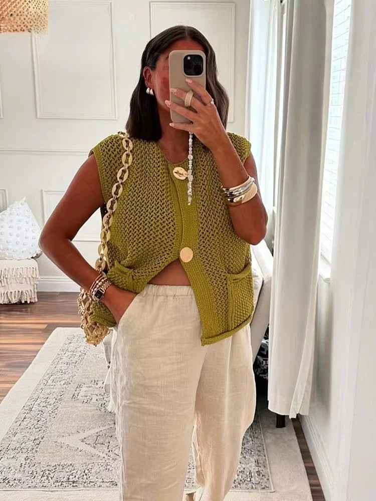 Women Fashion Sleeveless Coarse Needle Knitting Vest Sweater Female Chic Big Pockets Patch Buttons Cardigan Waistcoat Tops - Matrix Studios