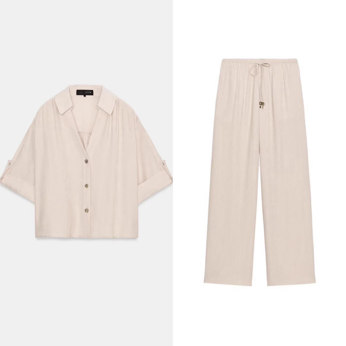 2026 summer women's collar short sleeved casual drape shirt high waist elastic waist long straight leg pants set - Matrix-studios.com