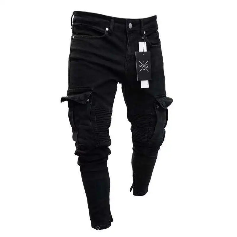 Street Elastic Jeans Men Denim Cargo Pants Wash Solid Color Multi Pockets Casual Mid Waist Trousers Slim Fit Daily Wear Joggers - Matrix Studios