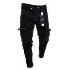 Street Elastic Jeans Men Denim Cargo Pants Wash Solid Color Multi Pockets Casual Mid Waist Trousers Slim Fit Daily Wear Joggers - Matrix Studios
