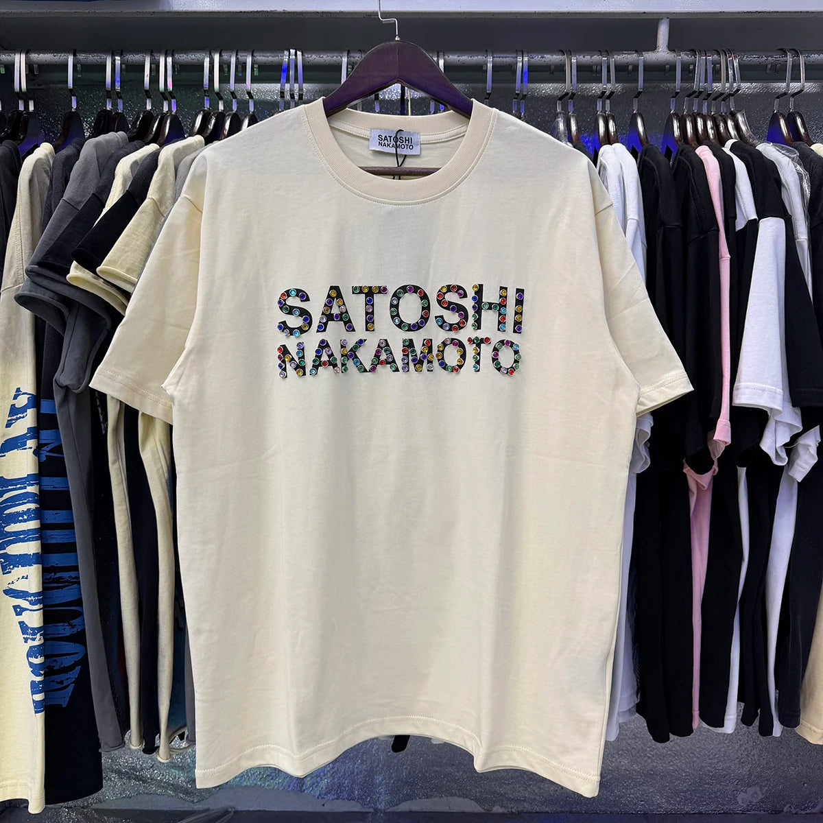 Free shipping New Satoshi Nakamoto fashion T-shirt hotfix rhinestone and Printed with Washed Oversized 100% cotton Men Women T-shirts Y2K Fashion streetwear - Matrix-studios.com