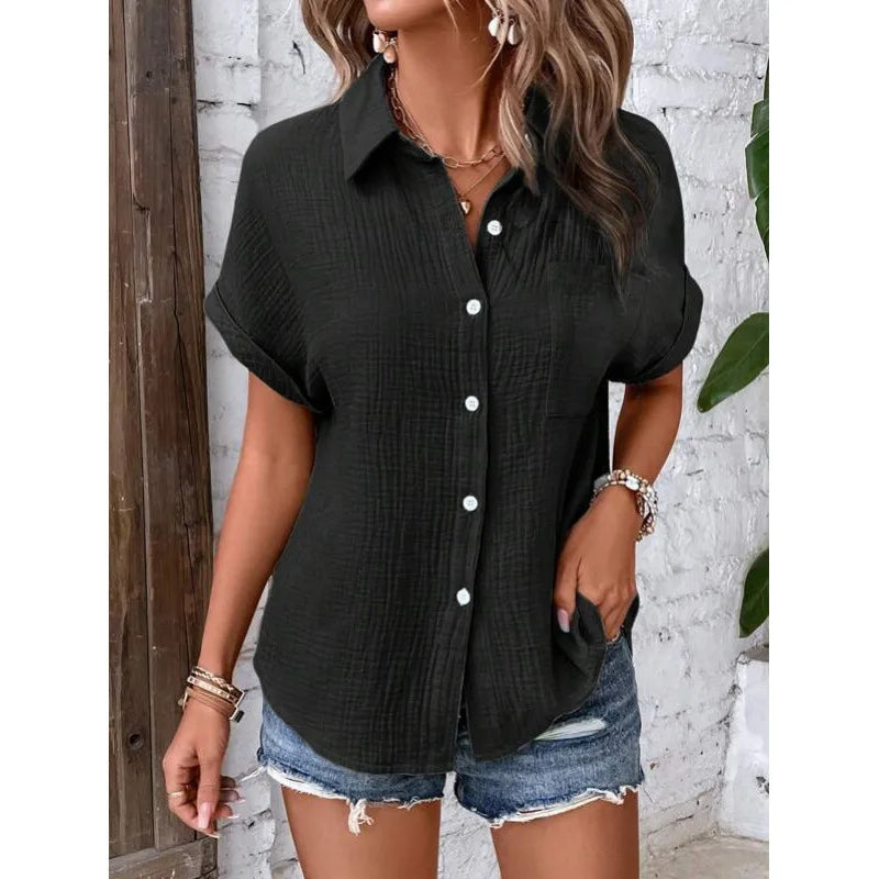 Women Casual Cotton Blouse Vintage Summer Short Sleeve Slim Shirt Elegant Turn Down Collar Solid Tunics Harajuku Streetwear Tops - Matrix-studios.com