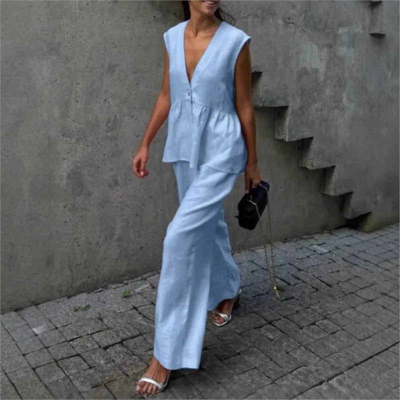 Fashion Women's Trouser Suits Sleeveless V-Neck Top Women Casual Straight Pants Sets Summer Women's Suit Commuter 2 Piece Set - Matrix-studios.com