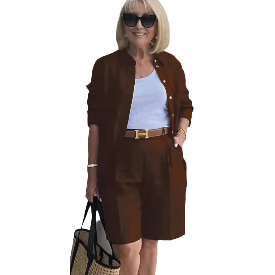 2026 Elegant 2-Piece Sets For Women Womens Cardigan Shirt Top Summer Solid Color Casual Shorts Two Piece New In Matching Sets - Matrix-studios.com