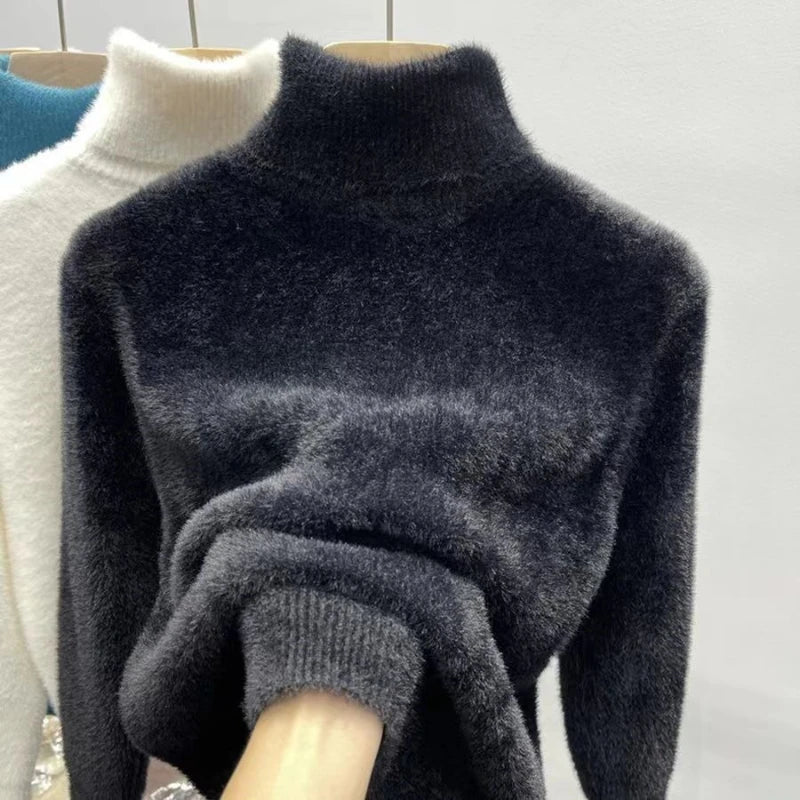 Women's Turtleneck Sweater Faux Mink Top for Women Solid Plush Thickened Warm Bottoming Shirts Basic Knitwear Thermal Pullovers - Matrix Studios