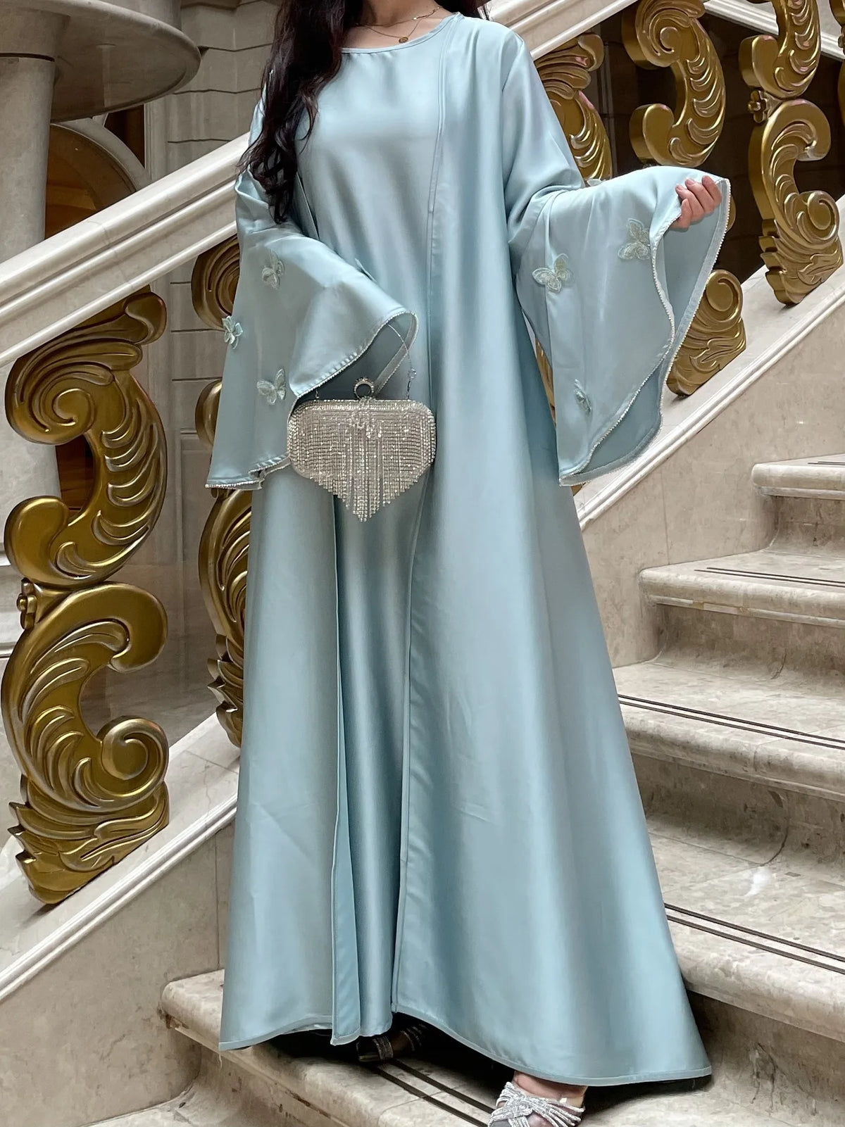 Muslim Women Abaya Dress 2 Piece Set Butterfly Satin Lace-up Morocco Caftan Inner Dress Musulman Ensembles Cadigan Outfit Suits - Matrix-studios.com