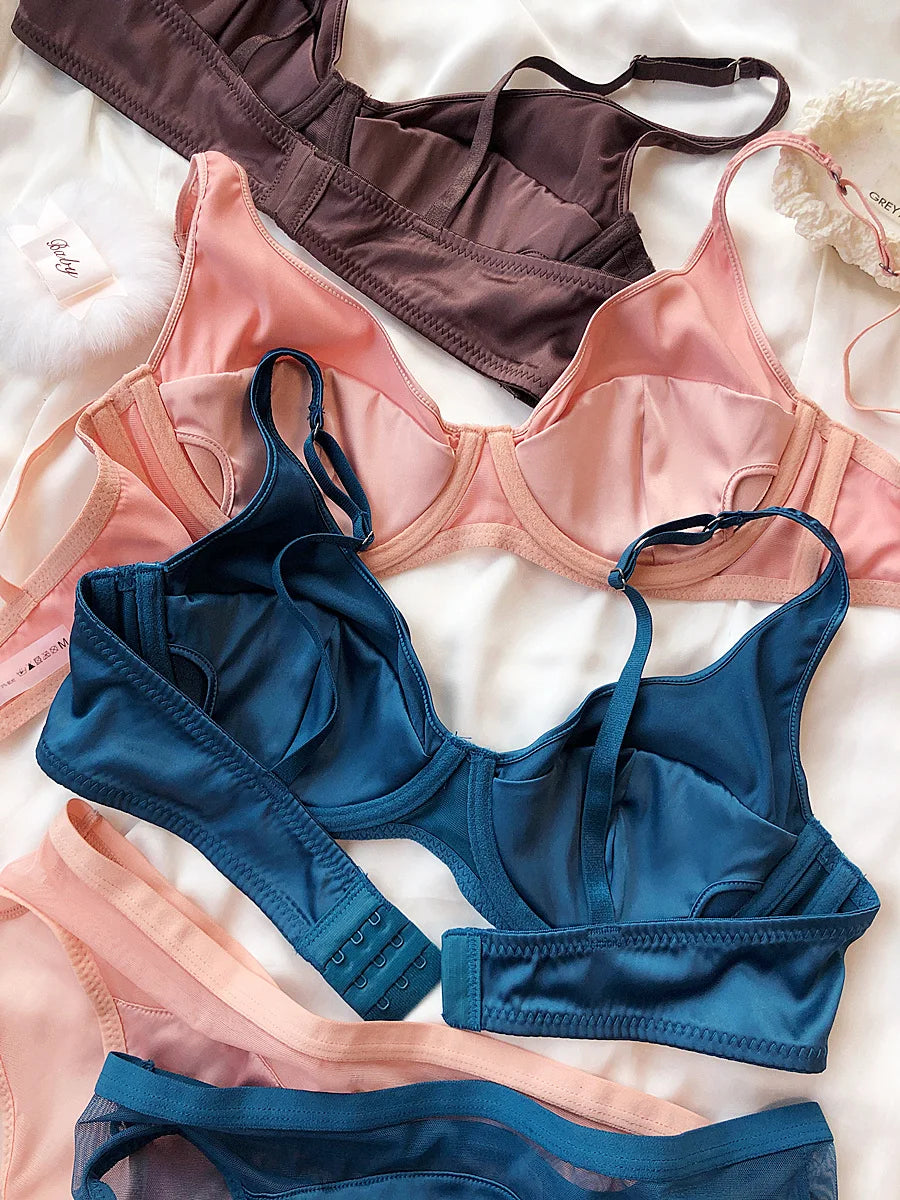 Women Ice Silk Comfort Underwear Sexy Small Breast Push Up Bra Set Detachable Padding Thin Cup Brassiere Intimates Panties Set - Matrix-studios.com
