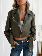 Ailegogo Spring Autumn Women Faux Pu Leather Short Jacket with Belt Motorcycle Biker Female Zipper Lapel Loose Coat Outwear - Matrix Studios