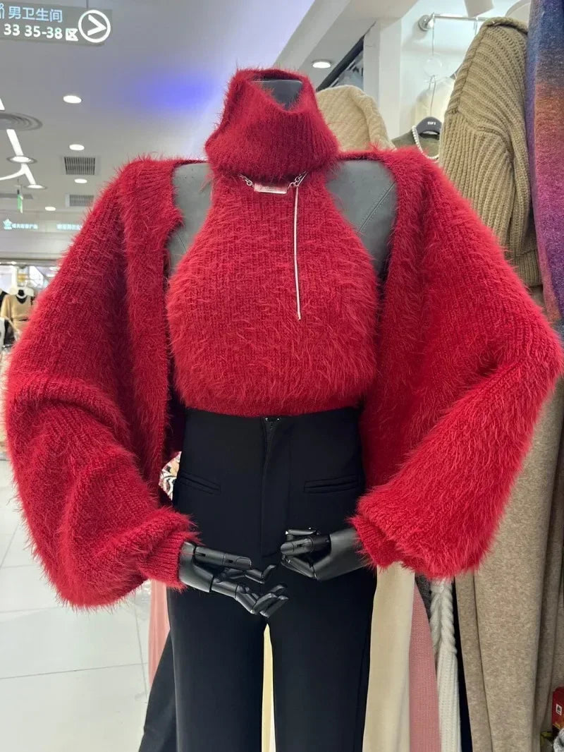 Mink Cashmere Tanks Tops Y2k Cardigan Feminino Vest Camis High Neck Knit V  Mohair White  Coat Sueter Sweater Mujer - Matrix Studios