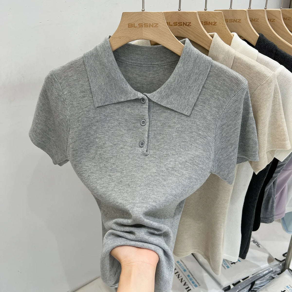 AOSSVIAO 2026 Summer Women Polo Collar Knit Short Sleeve T-shirt Fashion Versatile Simple Casual Slim Fit Button Tee Tops - Matrix-studios.com