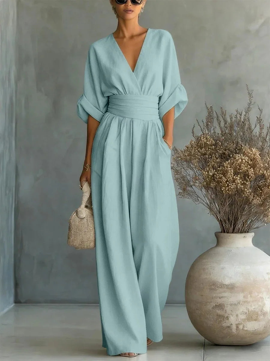 Women's Jumpsuit Fashion High Waist V-neck Jumpsuits for Woman Sexy White Office Wide Leg Trousers Overalls Vacation Outfit New - Matrix Studios