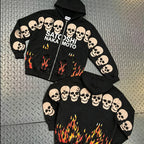 High Street SATOSHI Hoodies loose Jacket Men Women Retro Distressed Faded Flame Designs Skulls Print Zipper Hooded Sweatshirts - Matrix-studios.com