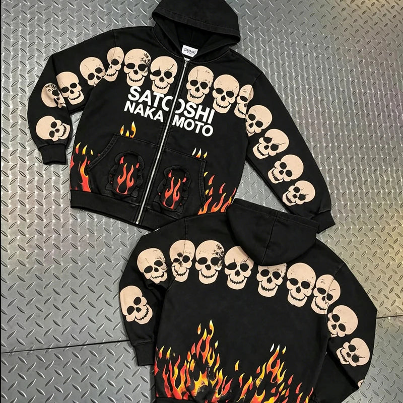 High Street SATOSHI Hoodies loose Jacket Men Women Retro Distressed Faded Flame Designs Skulls Print Zipper Hooded Sweatshirts - Matrix-studios.com