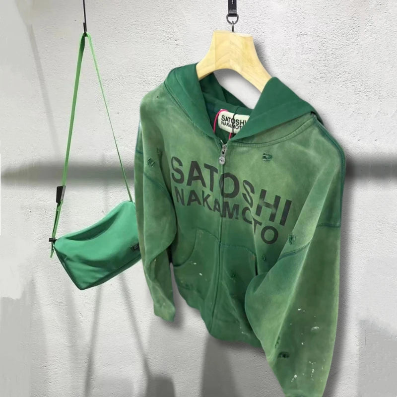 26ss Winter Green Oversize Street Outfit SATOSHI Jacket Washed Retro Distressed Splashed Ink Zipper Hoodie Men Women Loose Hoody - Matrix-studios.com