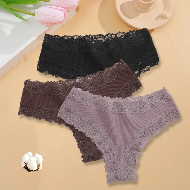 3PCS/Set Women Sexy Lace Panties Cotton Seamless Brazilian Panties Female Sexy Low Rise Soft Underwear G-String Lingerie S-XL - Matrix Studios