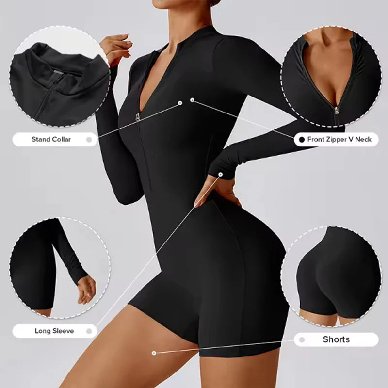 Women's Fitness Short Jumpsuits Long Sleeve Training Overalls One-Piece Sporty Suits Workout Romper Gym Clothing Woman Tracksuit - Matrix Studios