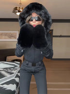 Chic Faux Fur Patchwork Women's Ski Jumpsuit High Wait Belt Zippers Pocket Lady Ski Wear 2025 Winter Spring Female Romper - Matrix Studios