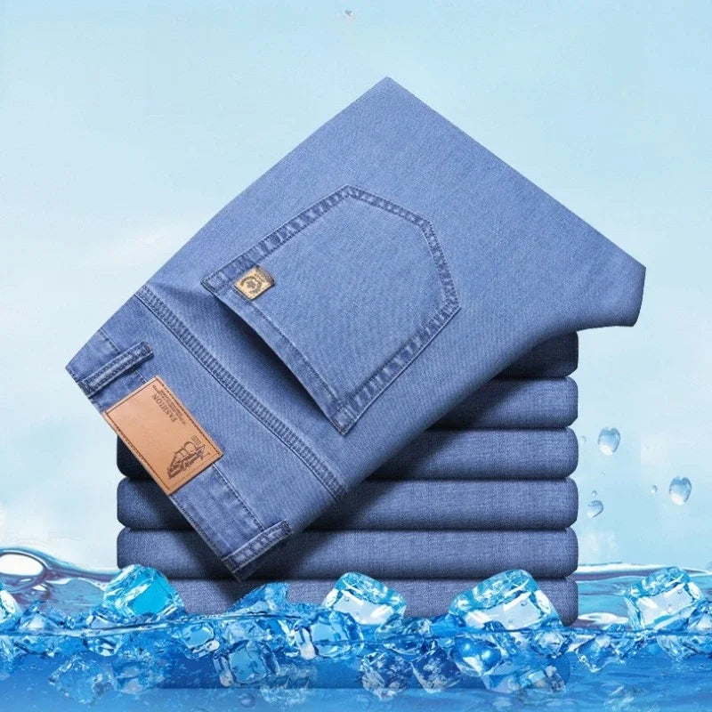 Men's Ice Silk Jeans Summer New Lyocell Thin Business Casual Denim Pants Classic All Match Slim Fit Straight Elastic Jean Male - Matrix Studios