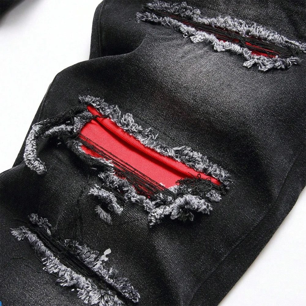 Men's Y2K Fashion Ripped Patchwork Hole Straight Black Jeans Slim Fit Stretchy Skinny Denim Pants Casual Hip Hop Brand Trousers - Matrix Studios