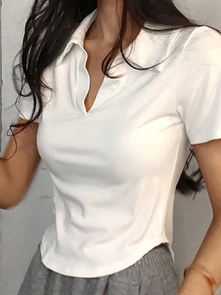 Summer Short Sleeve Lapel Top Women'S Solid V-Neck Pullovers Retro Sweet Shirts Hot Girl Crop Top Female Slim Versatile Tee - Matrix-studios.com
