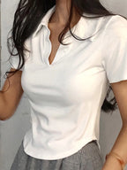 Summer Short Sleeve Lapel Top Women'S Solid V-Neck Pullovers Retro Sweet Shirts Hot Girl Crop Top Female Slim Versatile Tee - Matrix-studios.com