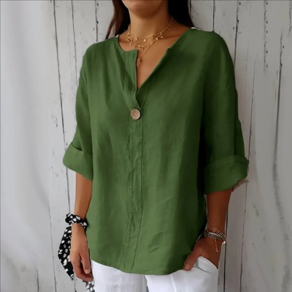 VEITCHE Spring Summer Women's Shirt Blouses Top V-neck Button Tee Shirts  3/4 Sleeve Casual Cotton Linen Top Loose Fit Pullover - Matrix-studios.com