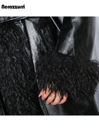 Nerazzurri Autumn Winter Long Loose Black Quilted Warm Soft Pu Leather Coat Women with Faux Fur Trim Sashes European Fashion - Matrix Studios