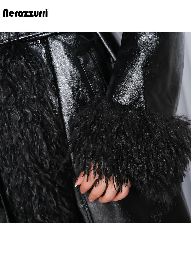 Nerazzurri Autumn Winter Long Loose Black Quilted Warm Soft Pu Leather Coat Women with Faux Fur Trim Sashes European Fashion - Matrix Studios