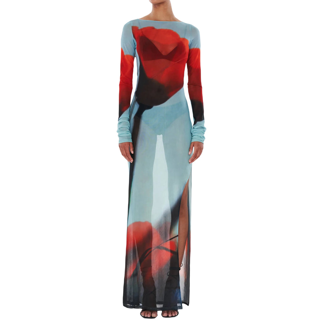 Yiiciovy Sexy Women’s Slim Fit Long Dress Cover-Ups Sheer Mesh Long Sleeve Floral Print Beach Dress Side Split Bikini Cover-Ups - Matrix Studios