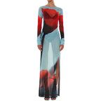Yiiciovy Sexy Women’s Slim Fit Long Dress Cover-Ups Sheer Mesh Long Sleeve Floral Print Beach Dress Side Split Bikini Cover-Ups - Matrix Studios