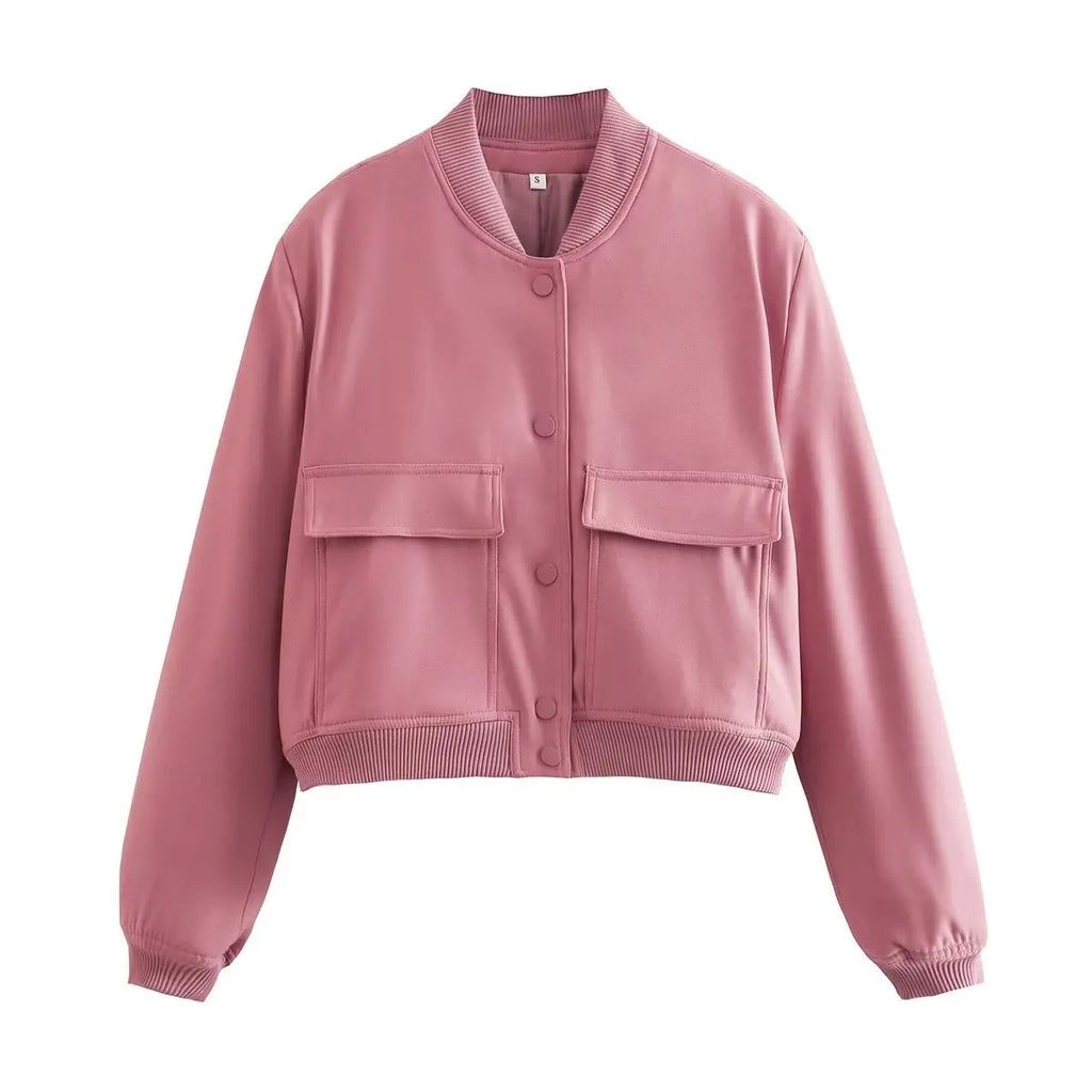Willshela Women Fashion Solid Bomber Jackets Coat With Pockets V-Neck Single Breasted Long Sleeves Female Chic Lady Outfits - Matrix-studios.com