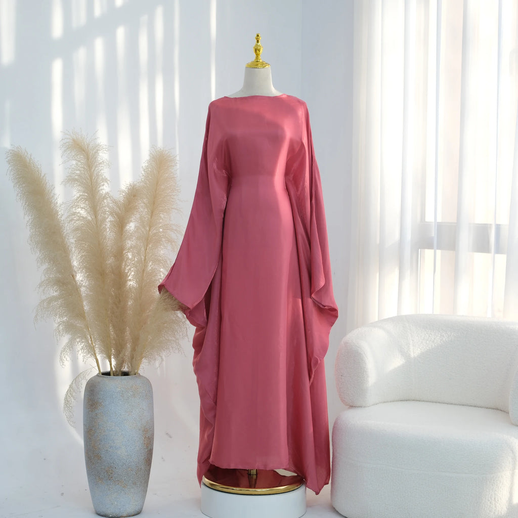 Ramadan Eid Evening Party Shiny Kaftan Dress for Women, Butterfly Sleeves Round Neck Muslim Women Abaya Dubai Islamic Clothing - Matrix-studios.com