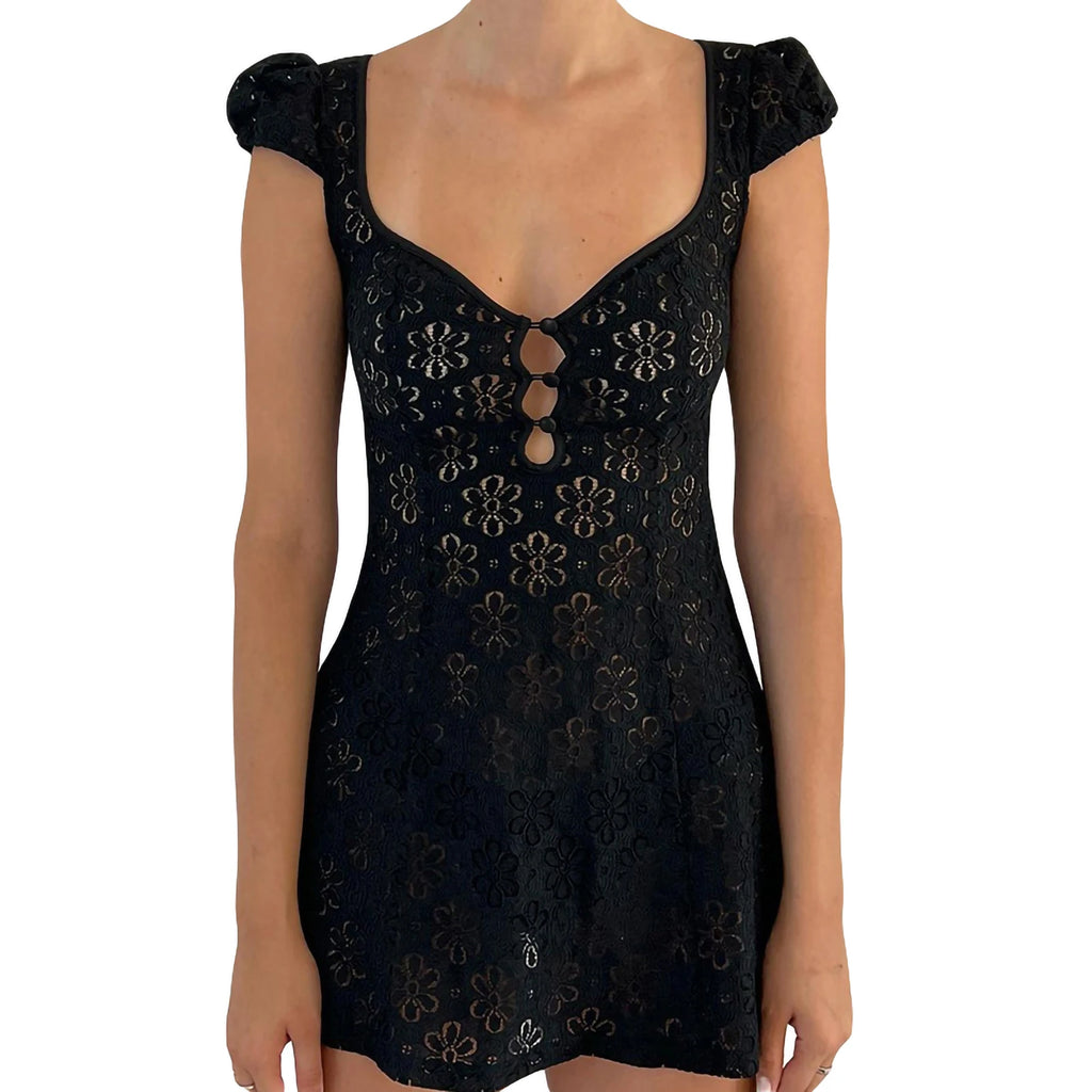 Yiiciovy Women Bikini Dress Sarong Beach Wrap Tunics Beach Cover Ups Summer Lace Short Sleeve Hollow Out Swimwear Mini Dress - Matrix Studios