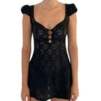 Yiiciovy Women Bikini Dress Sarong Beach Wrap Tunics Beach Cover Ups Summer Lace Short Sleeve Hollow Out Swimwear Mini Dress - Matrix Studios