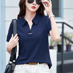 European Station Polo Neck Short sleeved T-shirt Women's Summer New Fashion Light Luxury Loose Large Cotton V-neck Casual Top - Matrix-studios.com