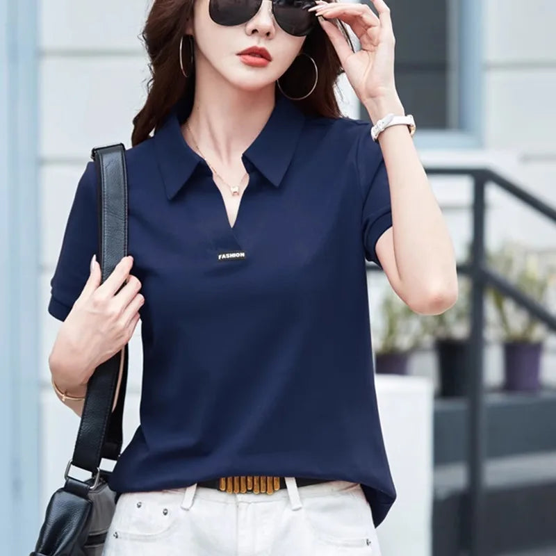 European Station Polo Neck Short sleeved T-shirt Women's Summer New Fashion Light Luxury Loose Large Cotton V-neck Casual Top - Matrix-studios.com