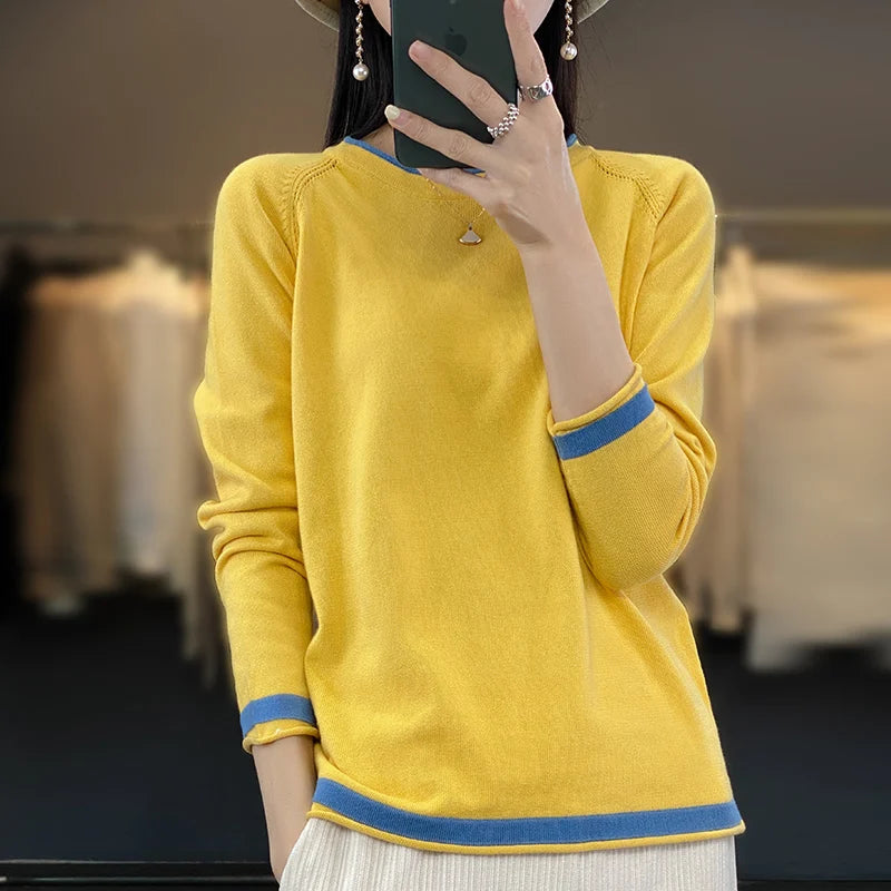 100% Cotton Knitwear Women's Round Neck Sweater Spring And Summer New Loose Color Matching Cotton And Linen Bottoming Shirt - Matrix Studios