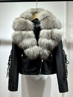 2024 Luxury Autumn Winter Real Natural Fox Fur Collar Washed Leather Coat Women Lace-up Faux Pu Leather Short Tassel Loose Coat - Matrix Studios