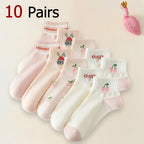 5/10 Pairs Women Striped Ankle Socks Fashionable Breathable Comfortable Spring Summer Cute Pink Fruit Pattern Casual Socks - Matrix Studios