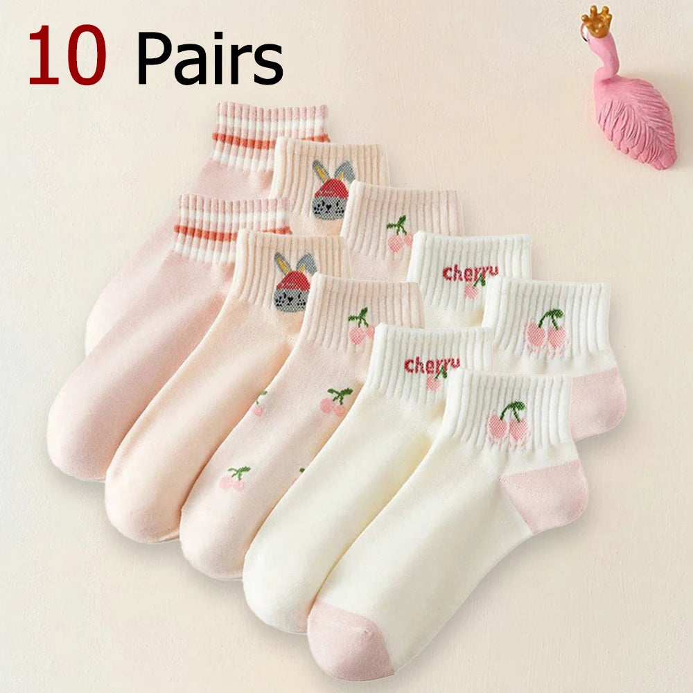 5/10 Pairs Women Striped Ankle Socks Fashionable Breathable Comfortable Spring Summer Cute Pink Fruit Pattern Casual Socks - Matrix Studios